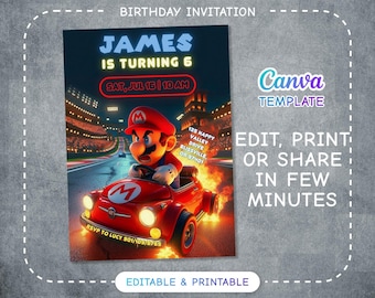 May include: A birthday invitation featuring a cartoon character driving a red race car. The invitation is for James's 6th birthday party on Saturday, July 15th at 10 AM. The invitation is designed in a retro video game style with a neon green and blue color scheme.