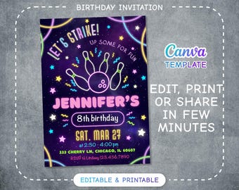 May include: Neon pink and blue birthday party invitation with a bowling theme. The invitation says "Let's Strike! Up Some Fun" and "Jennifer's 8th Birthday". The invitation includes the date, time, and location of the party.