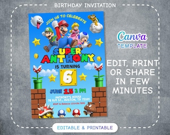 Invitación de cumpleaños para niño y niña, invitación de Super Mario, invitación de la película Mario Bros, descarga instantánea, plantilla de invitación de cumpleaños de videojuego
