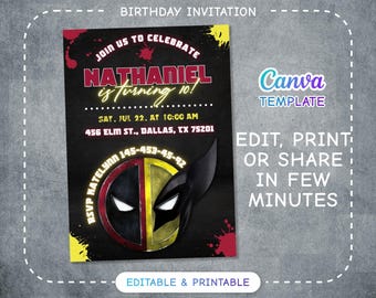 Editable Deadpool and Wolverine Birthday Invitation, Wolverine Deadpool Superheroes Party, printable Invitation