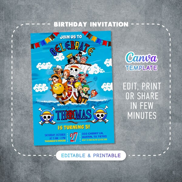 Printable anime birthday invitation, editable straw hat pirat bday party invite, digital manga template