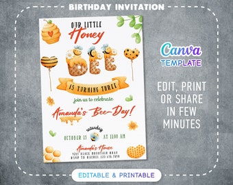Printable First Bee Day Birthday Invitation, 1st Bee-Day Party Invite, Editable honey bee party, Bumble Bee Invite, One Birthday Invite Girl