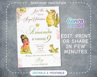 Princess Tiana Birthday invitation, Girl editable invite template, princess frog printable invitation, royal party, instant download