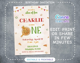 Pizza birthday invitation, pizza birthday invitation, italian printable editable party invite template, pizzeria invitation, first birthday