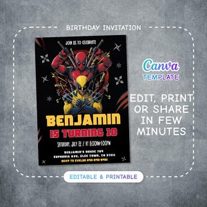Editable Deadpool and Wolverine Birthday Invitation, Wolverine Deadpool Superheroes Party, printable Invitation