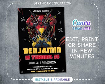 Invitación de cumpleaños editable de Deadpool y Wolverine, fiesta de superhéroes de Wolverine y Deadpool, invitación imprimible