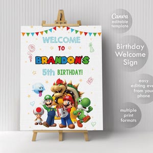 Plantilla de letrero de bienvenida imprimible de Mario, póster de bienvenida a la fiesta de súper cumpleaños, cumpleaños de niño de Mario bros, Luigi Mario, decoración de cumpleaños