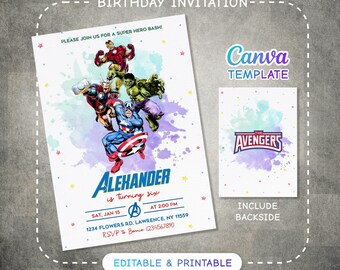 Invitation d'anniversaire imprimable, invitation Avengers, invitation Spiderman, invitation de super-héros, super-héros, Iron Man, Thore, Captain America, Hulk
