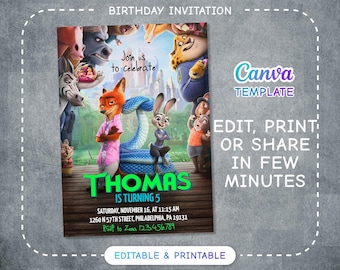 Zootopia 2 movie birthday invitation, Judy Hopps invite, Nick Wilde invite, printable editable movie party, ticket invite template