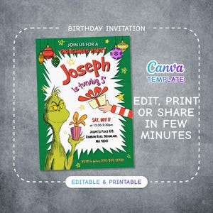 Dr. Seuss Geburtstagseinladung, druckbares Märchen einladen, bearbeitbare Grinch Party einladen Vorlage, grüner Junge Mädchen Geburtstag, Weihnachtsparty