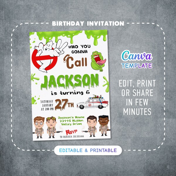Ghostbusters birthday invitation, Printable editable invite, frozen empire party, ectomobile, boy birthday, digital template