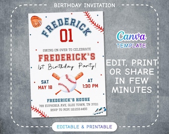 Invitación de béisbol, plantilla de invitación de cumpleaños de la liga nacional, invitación imprimible y editable, novato del año, invitación deportiva, fiesta de béisbol