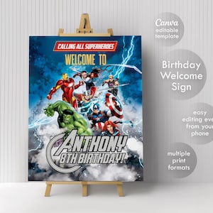 Avengers Printable Welcome Sign template, Superhero Birthday Party Welcome in Poster, Boy hulk, captain america, spiderman, iron man