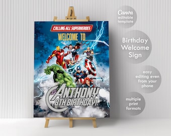 Avengers Printable Welcome Sign template, Superhero Birthday Party Welcome in Poster, Boy hulk, captain america, spiderman, iron man