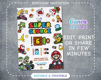 Invitación de cumpleaños para niño o niña, invitación de la película Super Mario Bros, descarga instantánea, plantilla de invitación de cumpleaños de videojuegos, Mario Kart