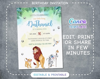 Plantilla de invitación de cumpleaños imprimible de Simba, invitación de cumpleaños del Rey León, cumpleaños de Safari Boy, fiesta de Hakuna Matata, invitación de cumpleaños