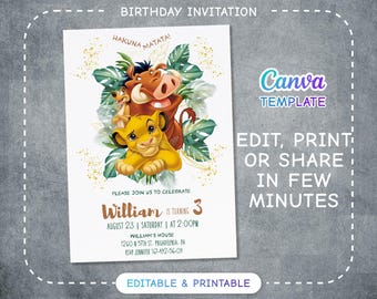 Plantilla de invitación de cumpleaños imprimible de Simba, invitación de cumpleaños del Rey León, cumpleaños de Safari Boy, fiesta de Hakuna Matata, invitación de cumpleaños