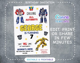 Printable Rescue Bots Birthday Invitation, Optimus Prime invite, Autobots party invitation, Bumblebee invitation, transformers party