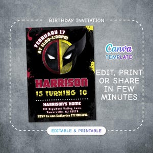 Editable Deadpool and Wolverine Birthday Invitation, Wolverine Deadpool Superheroes Party, printable Invitation