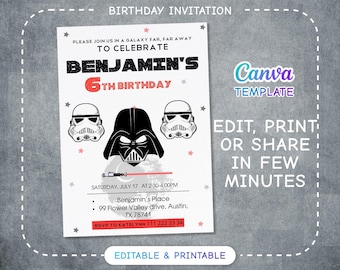 Invitación de cumpleaños imprimible, invitación de Star Wars, invitación para fiesta de cumpleaños de Darth Vader, invitación de Stormtrooper de descarga instantánea