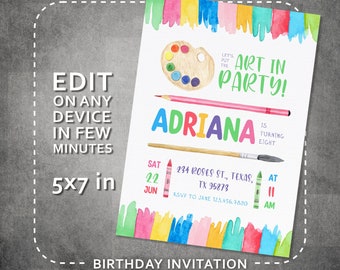 Invitación de cumpleaños imprimible y editable con temática de pintura artística, plantilla de invitación para fiesta de pintura para niñas, taller de pintura con purpurina arcoíris para preadolescentes.