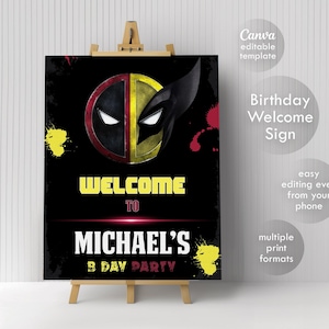 Deadpool and Wolverine birthday welcome sign, Deadpool welcome in, printable super hero poster, editable birthday invite template