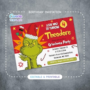 Dr. Seuss Geburtstagseinladung, druckbares Märchen einladen, bearbeitbare Grinch Party einladen Vorlage, grüner Junge Mädchen Geburtstag, Weihnachtsparty