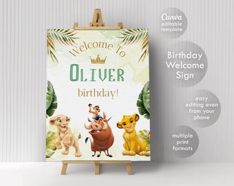Simba Printable Welcome Sign template, Lion King Birthday Party Welcome in Poster, Safari Boy birthday, Hakuna matata, birthday decoration