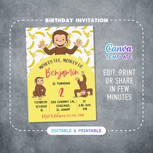 Printable Curious George birthday invitation, monkey invite, ape invite, Curious George party, boy 1st 2nd 3rd birthday, editable template