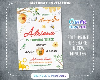 Printable First Bee Day Birthday Invitation, 1st Bee-Day Party Invite, Editable honey bee party, Bumble Bee Invite, One Birthday Invite Girl
