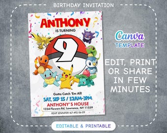 Printable Birthday Invitation, b-day invite, editable invitation, anime birthday invite, Instant Download