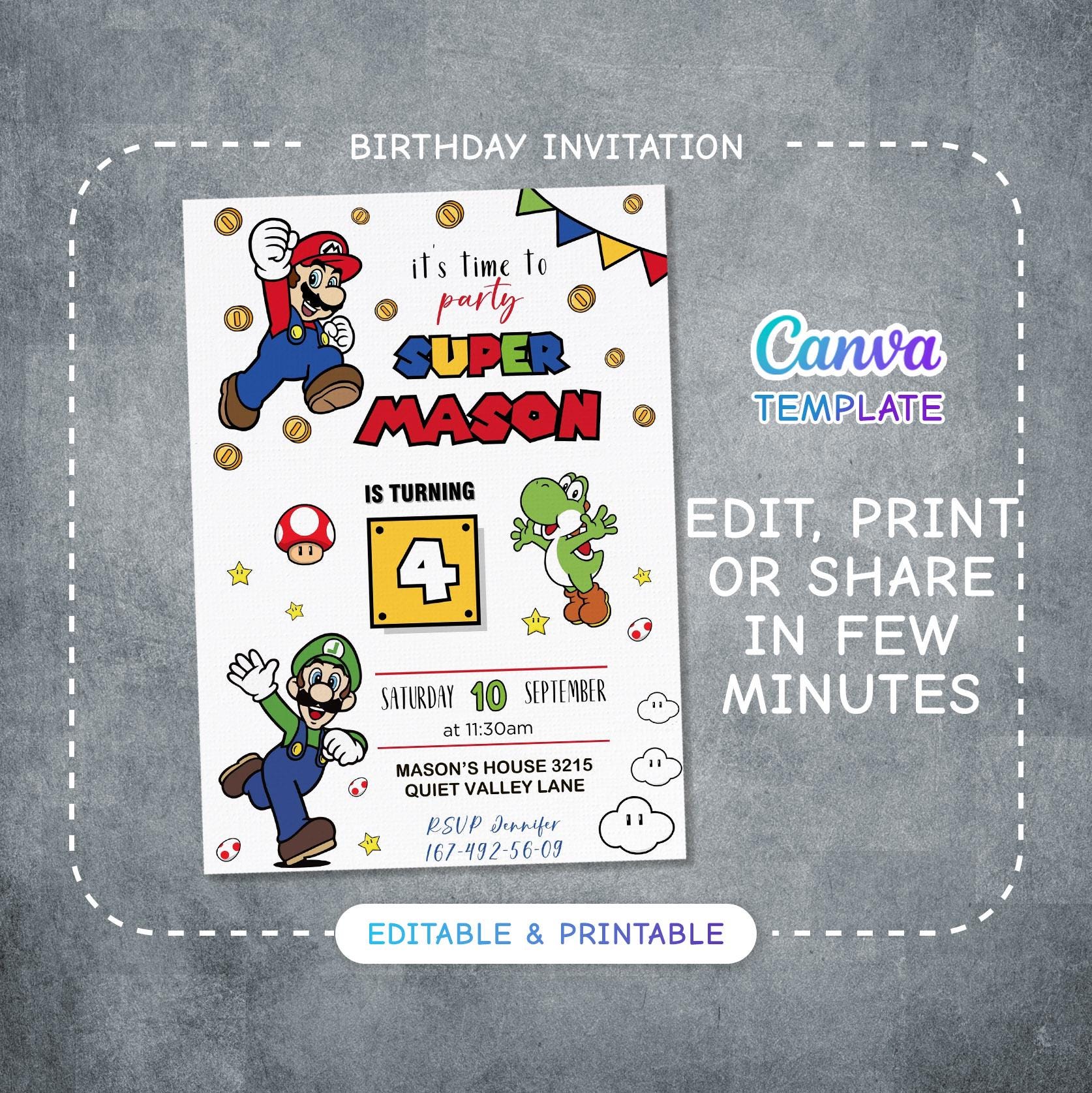 Birthday Invite boy girl, Super mario invitation, mario bros movie invitation, Instant Download, video game Birthday Invite template