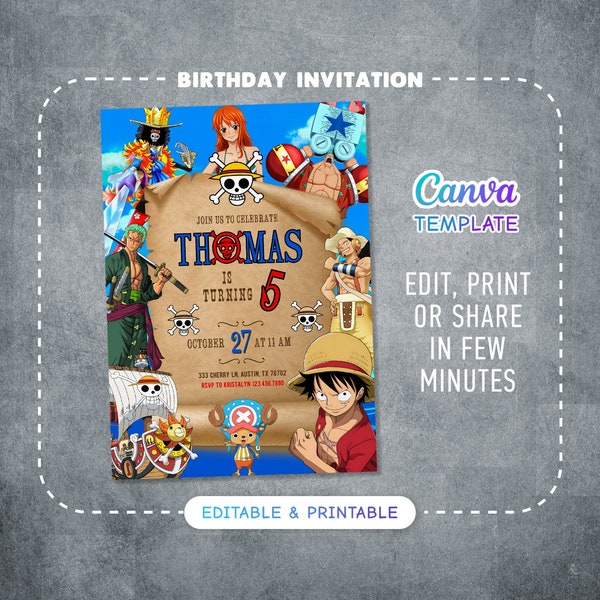 Printable anime birthday invitation, editable straw hat pirat bday party invite, digital manga template