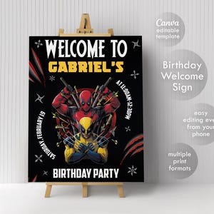 Deadpool and Wolverine birthday welcome sign, Deadpool welcome in, printable super hero poster, editable birthday invite template