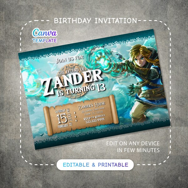 Video gamer invite, Legend of Zelda Birthday Invitation, Digital Download, Zelda Tears Of The Kingdom, Birthday Party, Game on Invitation