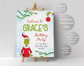May include: A birthday welcome sign featuring the Grinch in a red Santa suit and hat. The sign reads "Welcome to Grace's Birthday Party!" in green and red text. The background is a light blue watercolor design with snow-covered pine branches.