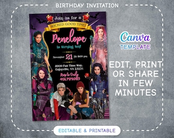 Printable Descendants Invitation, Editable Descendants Birthday Invite, Descendants Party Invitation Digital template, teens birthday party