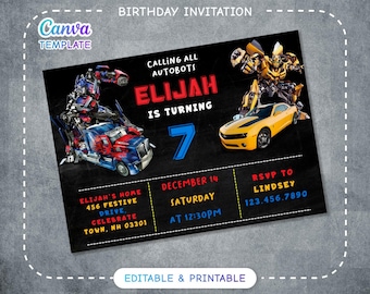 Invitación de cumpleaños imprimible de Rescue Bots, invitación de Optimus Prime, invitación para fiesta de Autobots, invitación de Bumblebee, fiesta de Transformers