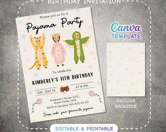 Printable Editable Pajama Party Birthday Invitation, Sleepover Birthday Invite, Slumber party invite Digital template, girl birthday