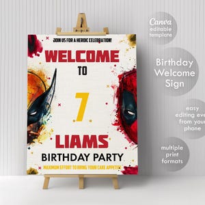 Deadpool and Wolverine birthday welcome sign, Deadpool welcome in, printable super hero poster, editable birthday invite template