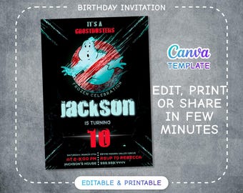 Ghostbusters Birthday Invitation, Its a Frozen Celebration Invite, Ghost Hunter Proton Pack Boy Movie Party Editable Template