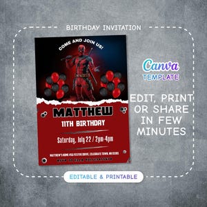 Editable Deadpool and Wolverine Birthday Invitation, Dead pool Superheroes Party, printable Invitationv