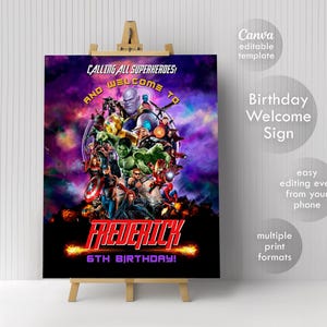 Avengers Printable Welcome Sign template, Superhero Birthday Party Welcome in Poster, Boy hulk, captain america, spiderman, iron man