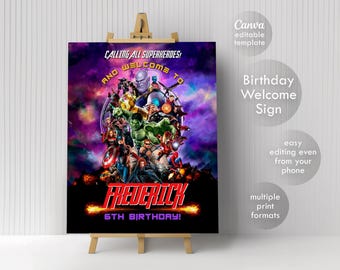 Avengers Printable Welcome Sign template, Superhero Birthday Party Welcome in Poster, Boy hulk, captain america, spiderman, iron man