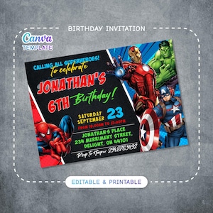 Printable Boy Birthday Invite, super hero Editable party Invitation, spiderman, hulk, captain america Invite template, avengers invitation