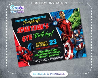 Invitación imprimible para cumpleaños de niño, invitación editable para fiesta de superhéroes, plantilla de invitación de Spiderman, Hulk, Capitán América, invitación de Los Vengadores