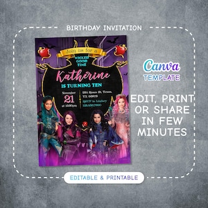 Printable Descendants Invitation, Editable Descendants Birthday Invite, Descendants Party Invitation Digital template, teens birthday party