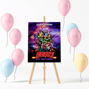 May include: A purple and black birthday party sign with a superhero theme. The sign says "Calling all superheroes and welcome to Frederick's 6th birthday!"
