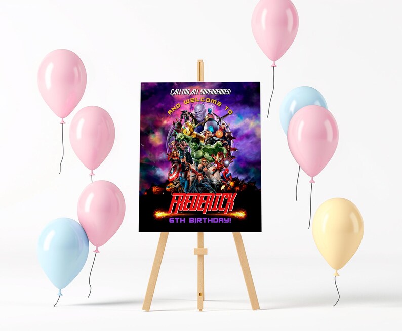 May include: A purple and black birthday party sign with a superhero theme. The sign says "Calling all superheroes and welcome to Frederick's 6th birthday!"