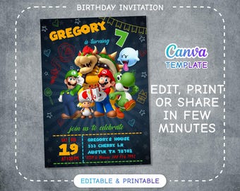 Birthday Invite boy girl, Super mario invitation, mario bros movie invitation, Instant Download, video game Birthday Invite template